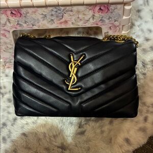 Black Chevron Shoulder Bag with Gold Accents